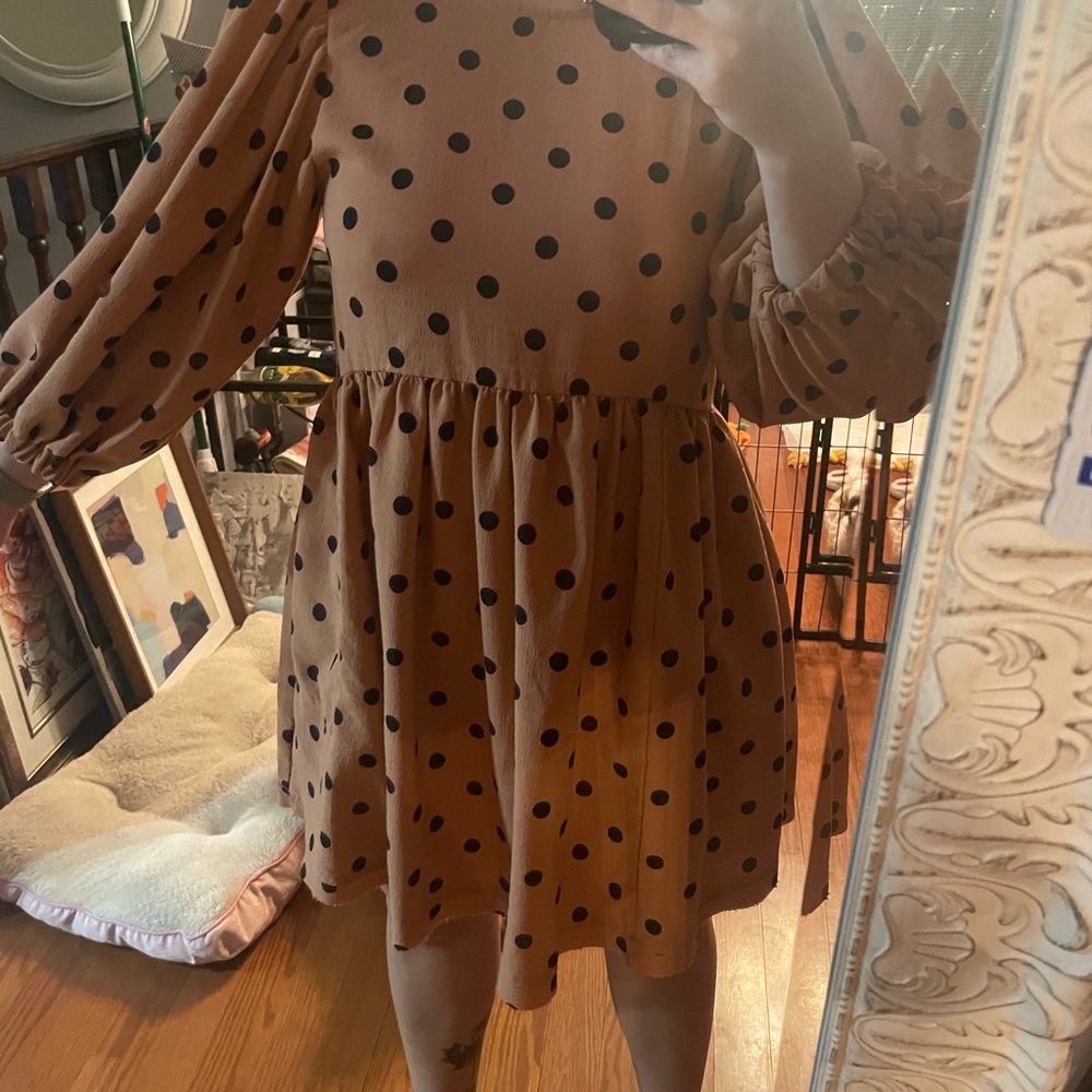 Blu Pepper Brown Tan Ruched Bishop Sleeve Midi Dress